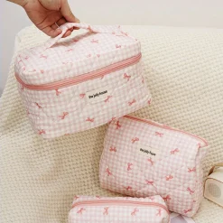 1set Cute Bowknot Cosmetic Bag Organizer Multifunctional Wallet Pouch Portable Brush Storage Clutch Travel Makeup Skincare Bag