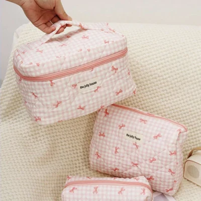 1set Cute Bowknot Cosmetic Bag Organizer Multifunctional Wallet Pouch Portable Brush Storage Clutch Travel Makeup Skincare Bag