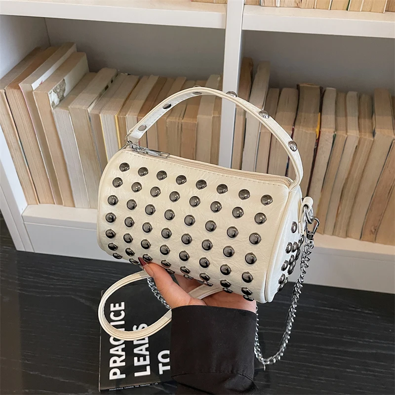 Retro Rivet Crossbody Bag For Women 2026 Boho Clutch Bag Black Handbag Lady Girls Shoulder Phone Purse Small Round Bag Black