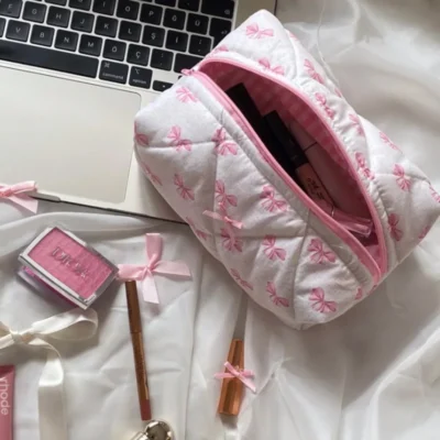 New Bow Cosmetic Bag Pink Flower Makeup Organizer Skincare Perfect Gift Washing Bag For Travel Cosmetics Storage Bag