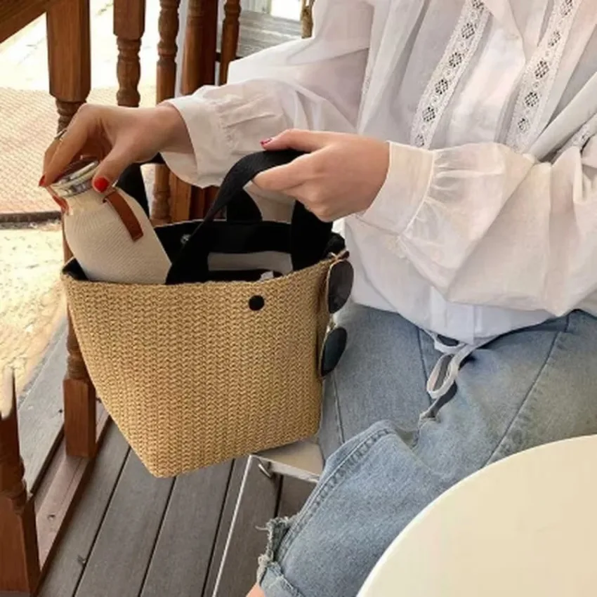 1 Pcs Casual Rattan Women Handbags Summer Beach Straw Bags Wicker Woven Female Totes Large Capacity Lady Buckets Travel Bag