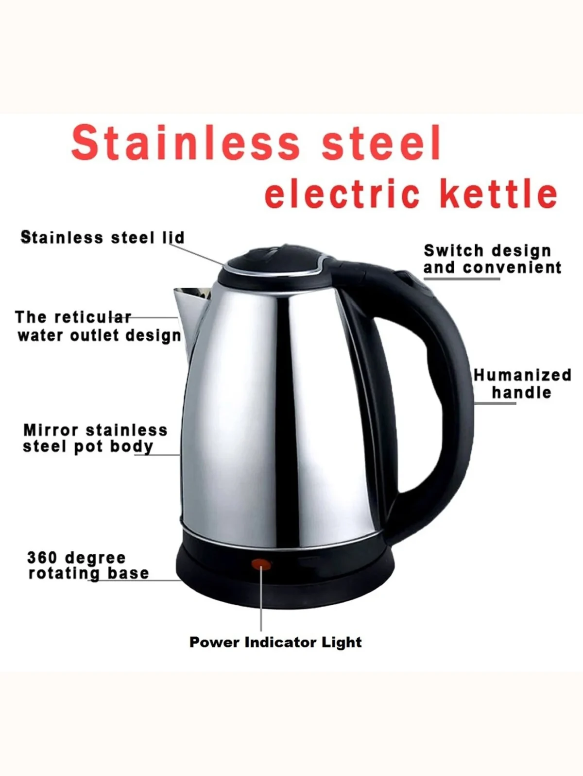 Stainless steel electric kettle.Mesh water outlet design, 360-degree rotating base, 2L to meet the needs of a family