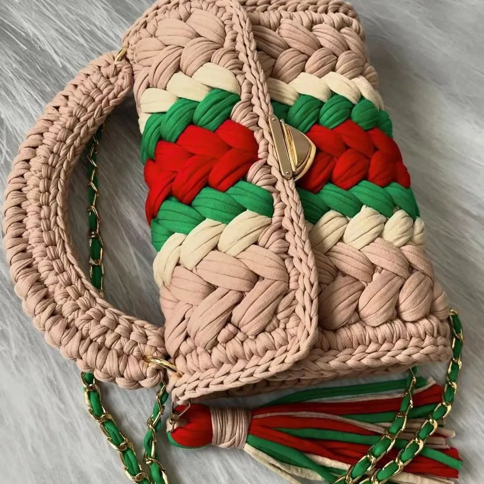 Women's Purses Fabric Woven Bag Summer Bright Color Splicing Chain Tassel Pure Handmade Crochet Bag Luxury Designer Handbag