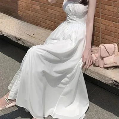 Elegant Women's Retro Printed Medium Length Dress Summer Fashion Beach Party Y2k Slim Fit Women Versatile Lace Suspender Dress