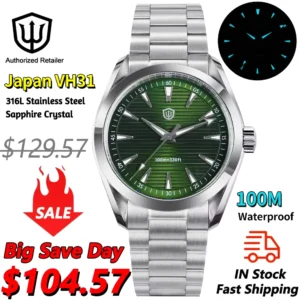 Watchdives WD0006 Watch VH31 Sweep Second Movement Domed Sapphire Crystal BGW9 Luminous 10Bar Waterproof 38mm Vintage Watches