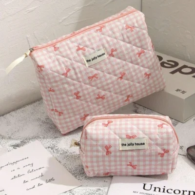 1set Cute Bowknot Cosmetic Bag Organizer Multifunctional Wallet Pouch Portable Brush Storage Clutch Travel Makeup Skincare Bag