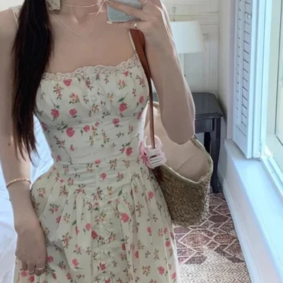 Elegant Women's Retro Printed Medium Length Dress Summer Fashion Beach Party Y2k Slim Fit Women Versatile Lace Suspender Dress