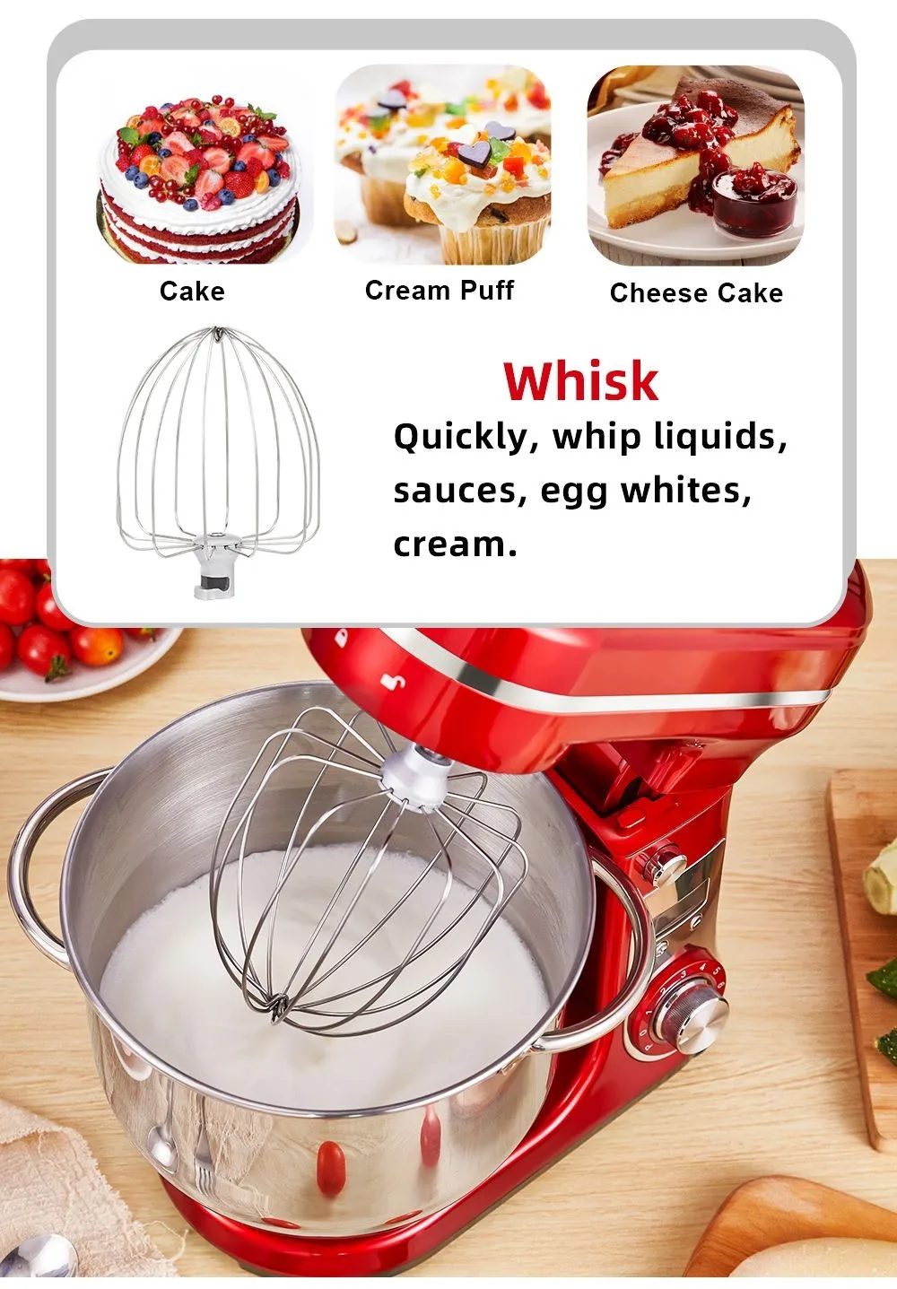 BioloMix BM601 1200W Kitchen Food Stand Mixer, Cream Egg Whisk, Cake Dough Kneader, 6L Capacity, Stainless Steel Bowl