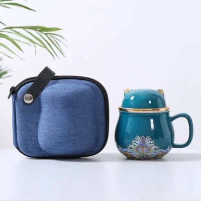 Portable Set of Tea Cup, Mug and 2-Cups,Wide Mouth, Easy to Clean, Keep Tea Hot,Steeping Loose Leaf Tea Bag,Cute Cat, 10.8oz
