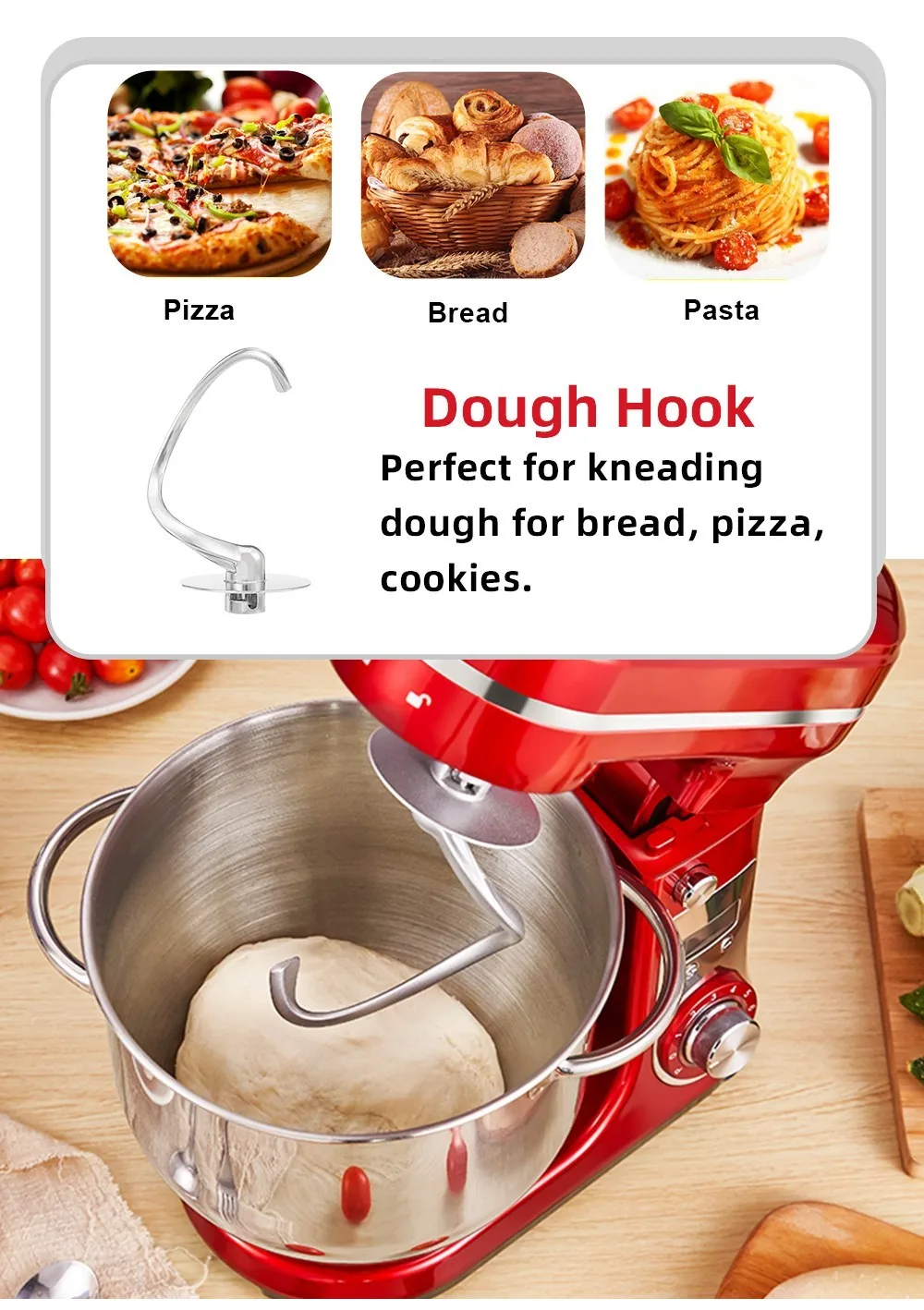 BioloMix BM601 1200W Kitchen Food Stand Mixer, Cream Egg Whisk, Cake Dough Kneader, 6L Capacity, Stainless Steel Bowl