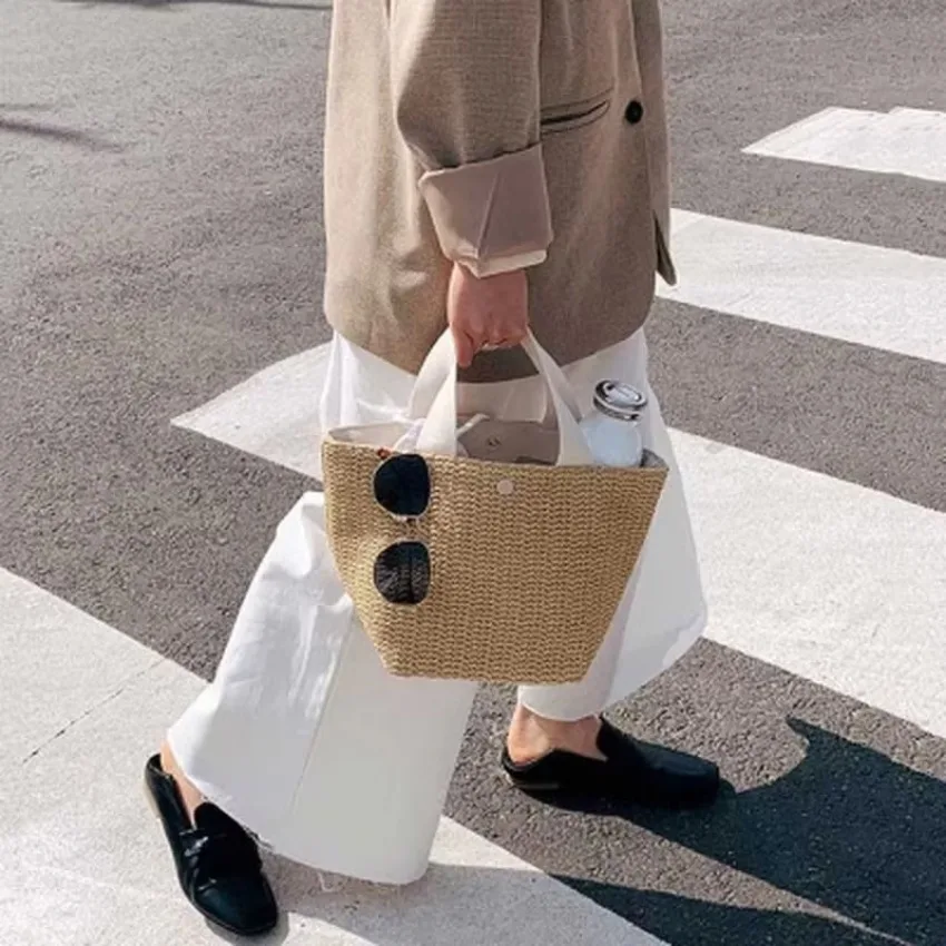 1 Pcs Casual Rattan Women Handbags Summer Beach Straw Bags Wicker Woven Female Totes Large Capacity Lady Buckets Travel Bag