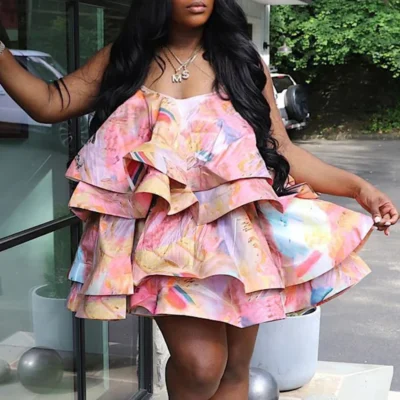 Sexy Suspender Backless Women Party Dress Spring Vintage Printed Hollow Mini Dress Fashion Layered Ruffles Summer Beach Dresses
