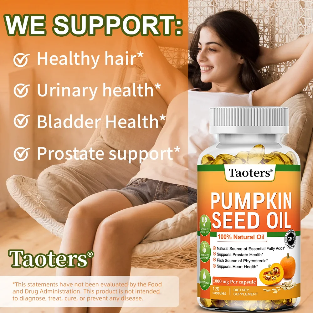 Pumpkin Seed Oil Capsules - Supports Prostate, Urinary Tract, Bladder Health, and Promotes Hair Growth - 120 Capsules