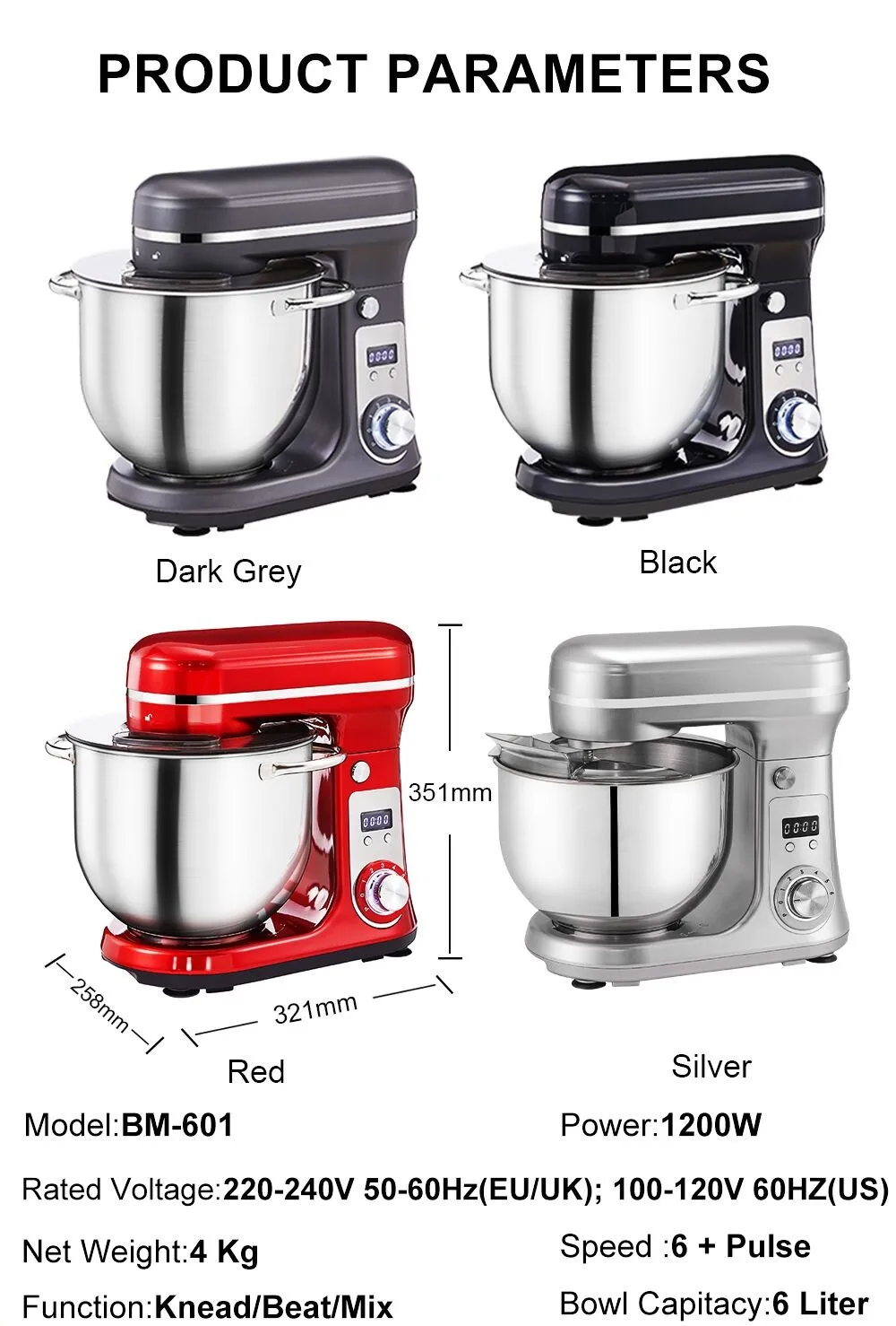 BioloMix BM601 1200W Kitchen Food Stand Mixer, Cream Egg Whisk, Cake Dough Kneader, 6L Capacity, Stainless Steel Bowl