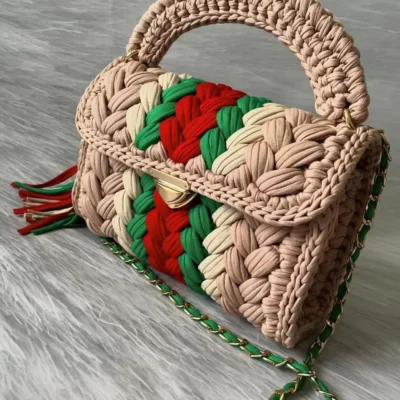 Women's Purses Fabric Woven Bag Summer Bright Color Splicing Chain Tassel Pure Handmade Crochet Bag Luxury Designer Handbag