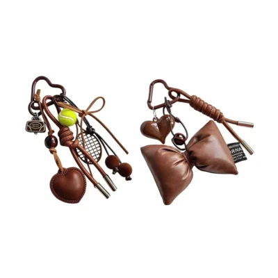 Vintage Brown Leather Bow Heart Pendant Fashion Tennis Keychain Braided Lanyard Key Ring Suitable for Women Bag Pendant