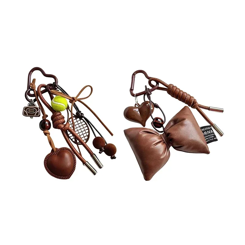 Vintage Brown Leather Bow Heart Pendant Fashion Tennis Keychain Braided Lanyard Key Ring Suitable for Women Bag Pendant
