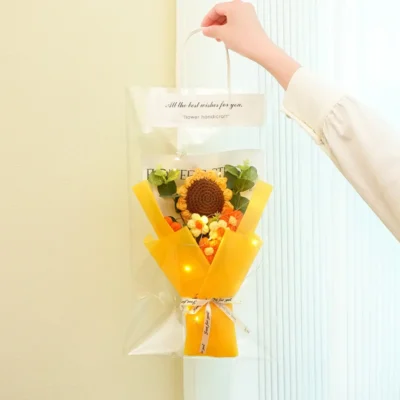 1PC Crochet Flowers Bouquet Finished Graduation Flower Bouquet with Gift Bag LED Lamp String Festival Decoration Handmade Gifts