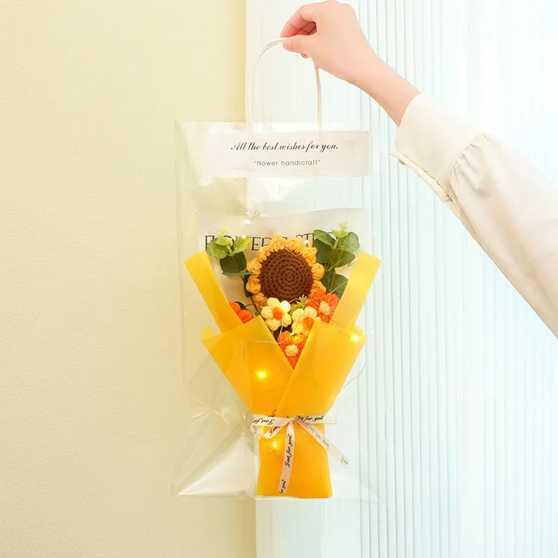 1PC Crochet Flowers Bouquet Finished Graduation Flower Bouquet with Gift Bag LED Lamp String Festival Decoration Handmade Gifts