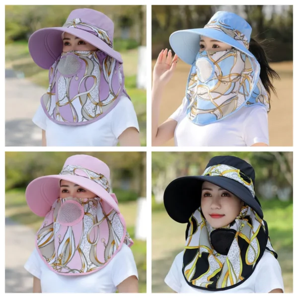Summer Women Wide Brim Garden Work Shade Hat Face Mask Detachable Sunhat Outdoor Print Breathable Fisherman Hat UV Protection