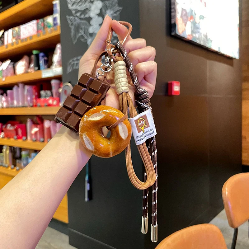 Delicate Bread Woven Rope Keychain Chocolate Anti-lost Bread Keychain Polyester Bagel Bag Pendant Decoration Woven