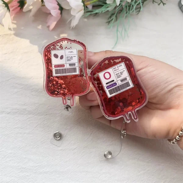 Flowing Sand Glitter Blood Type Bag Badge Clip Holders Nurse Medical Easy Pull Buckle Retractable Acrylic ID Card Crocodile Clip