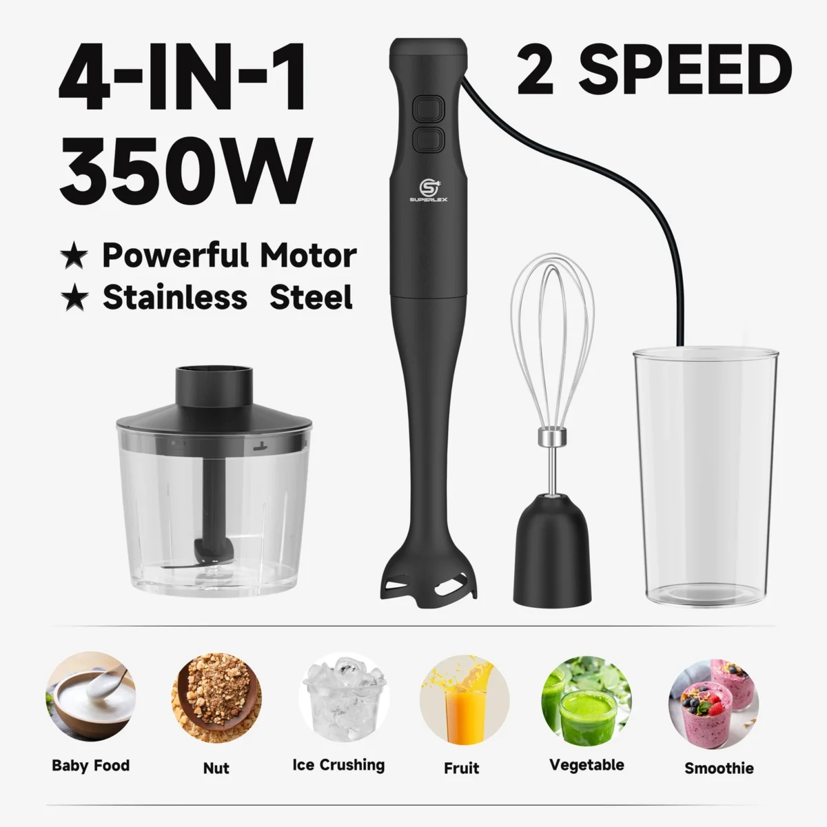 SUPERLEX 4-in-1 Handheld Blender Set, Including 500ml Cup, 350W 2-speed Regulation Suitable For Cutting,Making Soups, And Sauces