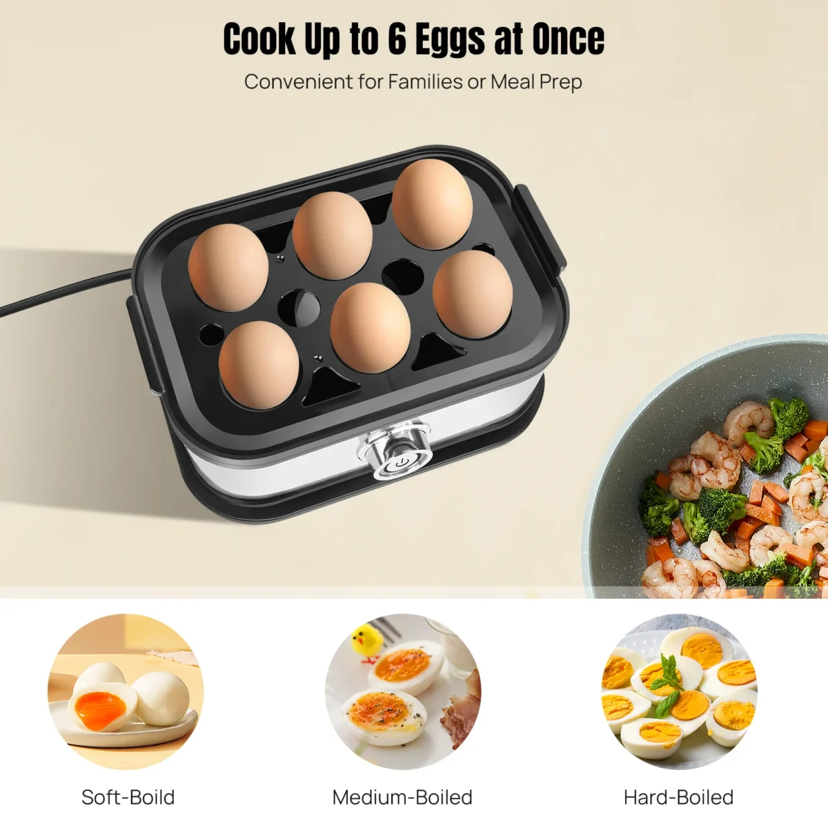DayPlus Egg Boiler, 6 Eggs Capacity Cooker for Soft,Multi-use Space Saving Food Steamer for Corn, Vegetable, Dumplings