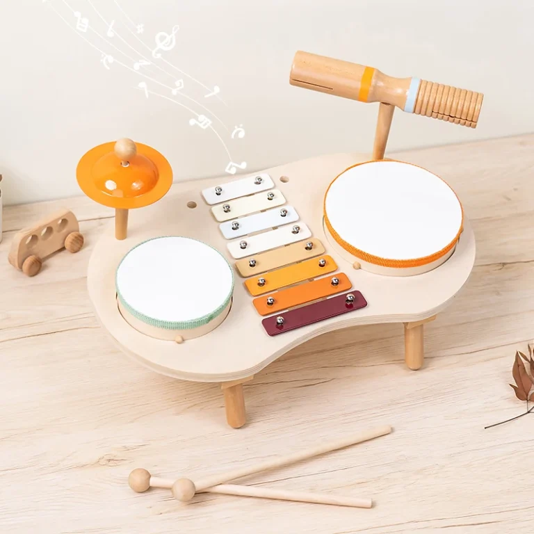 Wooden Children's Musical Toy Set featuring a drum, xylophone, and cymbals—let your child joyfully play music and become a littl