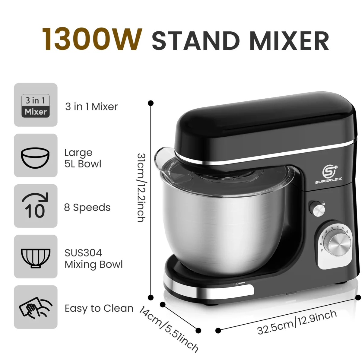 SUPERLEX 5L Stand Mixer 1300W Food Blender Silent Design Versatile Speed Control ABS housing paired With Bowl Stainless Mixer