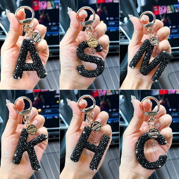 Creative diamond-encrusted English letter car keychain, delicate with diamond keychain, fashionable temperament, bag pendant, ac