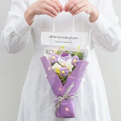1PC Crochet Flowers Bouquet Finished Graduation Flower Bouquet with Gift Bag LED Lamp String Festival Decoration Handmade Gifts