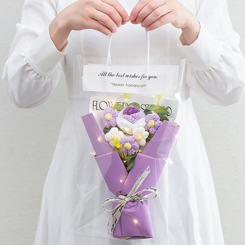 1PC Crochet Flowers Bouquet Finished Graduation Flower Bouquet with Gift Bag LED Lamp String Festival Decoration Handmade Gifts