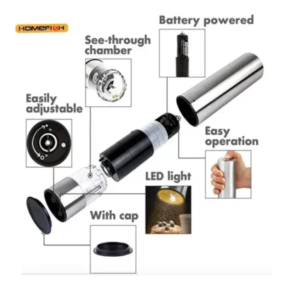 HOMEFISH Electric Salt And Pepper Grinder Set - Battery Operated Stainless Steel Mill With Light