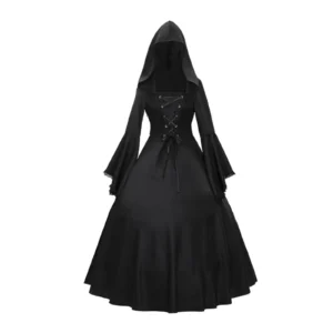 Halloween Witch Cosplay Costume Women's Retro Gothic Long Sleeve Hooded Dress Medieval Renaissance Maxi Train Gown