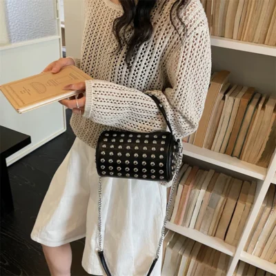 Retro Rivet Crossbody Bag For Women 2026 Boho Clutch Bag Black Handbag Lady Girls Shoulder Phone Purse Small Round Bag Black