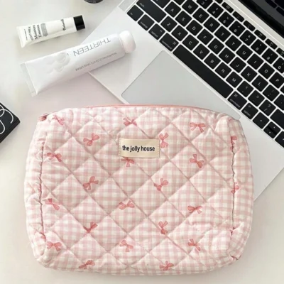 1set Cute Bowknot Cosmetic Bag Organizer Multifunctional Wallet Pouch Portable Brush Storage Clutch Travel Makeup Skincare Bag