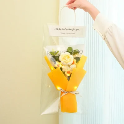 1PC Crochet Flowers Bouquet Finished Graduation Flower Bouquet with Gift Bag LED Lamp String Festival Decoration Handmade Gifts