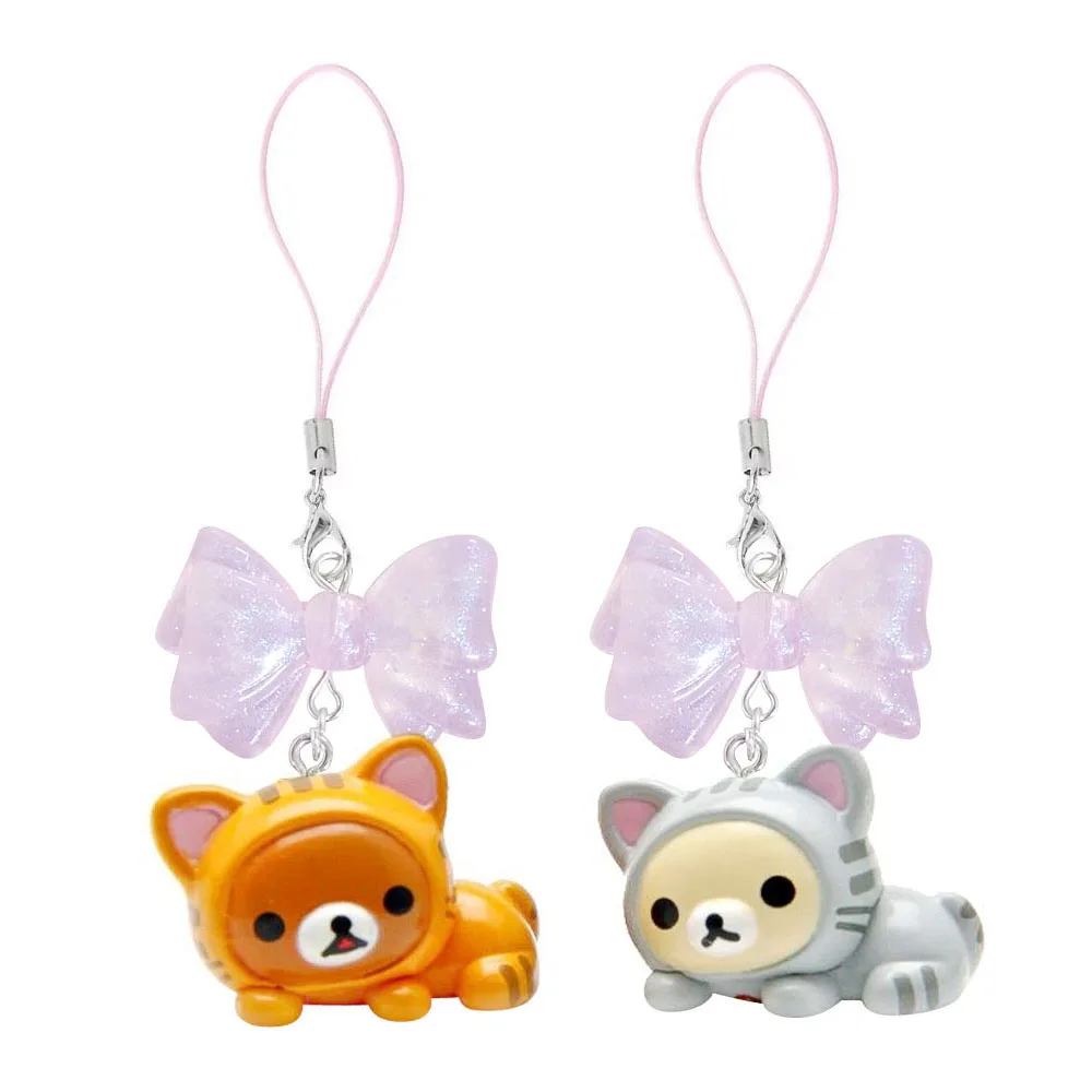 Cute Rilakkuma Korilakkuma Bear Pink Bow Cat Mascot Keychain PVC Bead Strap Keyring Keyholder Bag Pendant Phone Chain Toy