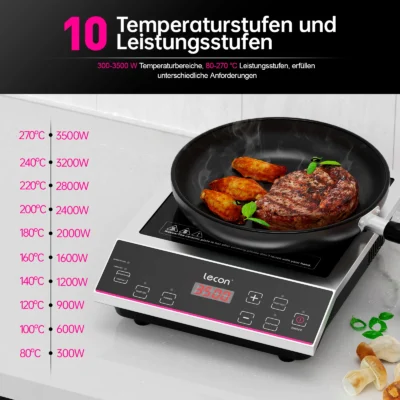 Leconchef Induktionskochplatte 3500W Induktionskochfeld mit Timer und Isolierfunktion, 50KG Große Tragfähigkeit Edelstahlgehäuse