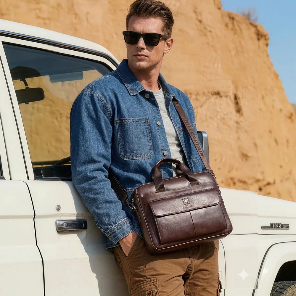 BULLCAPTAIN Men's Bag Genuine Leather Men Briefcase for Laptop 14 Messenger Men's Leather Bag Business Portfolio for Document A4