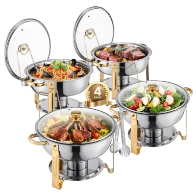 SucceBuy 5 Qt 4 Pack Chafing Dish Buffet Set Stainless Steel Chafer with 4 Full Size Pan Round Catering Warmer Server for Party