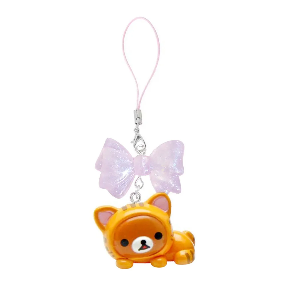 Cute Rilakkuma Korilakkuma Bear Pink Bow Cat Mascot Keychain PVC Bead Strap Keyring Keyholder Bag Pendant Phone Chain Toy