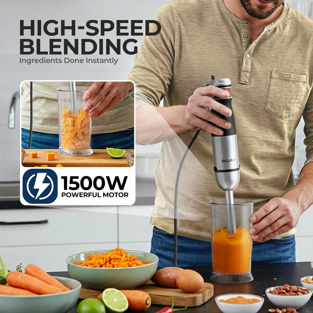 Electric Hand Held Stick Blender 6-in-1 Multi-Purpose Immersion Hand Blender,Stainless Steel Blades,Home & Kitchen,MAX 1500W