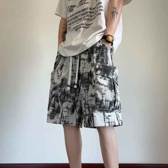 Men's Tie-dye Shorts Cargo Casual Distressed Trendy Knee length Pants Drawstring with Pocket Loose Outerwear Streetwear Shorts