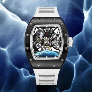 Men's Automatic Watches for Men Fashion Tonneau Mechanical Clock Earth Dial Waterproof Luxury Luminous Skeleton Mens WristWatch