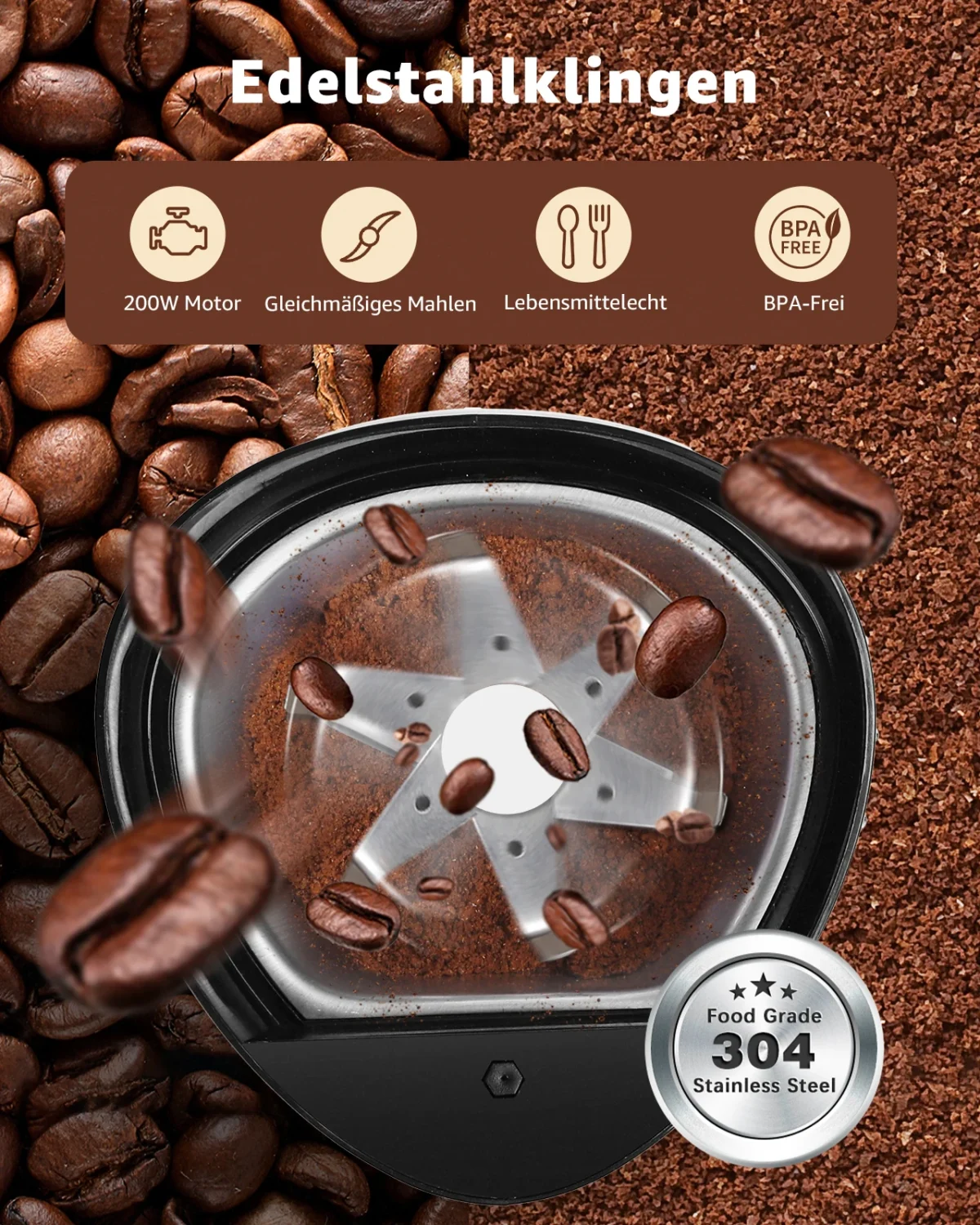 Aigostar Electric Coffee Grinder Spice Mill Coffee Grinder for Coffee Beans, Grains, Spices and Nuts, Stainless Steel Blade, 60g