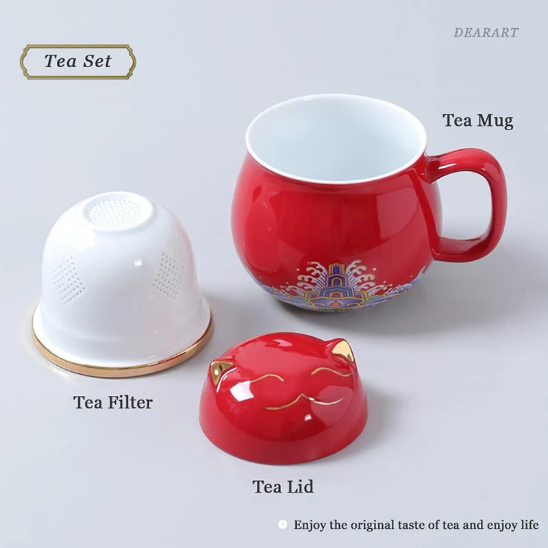 Portable Set of Tea Cup, Mug and 2-Cups,Wide Mouth, Easy to Clean, Keep Tea Hot,Steeping Loose Leaf Tea Bag,Cute Cat, 10.8oz