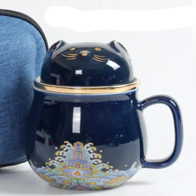 Portable Set of Tea Cup, Mug and 2-Cups,Wide Mouth, Easy to Clean, Keep Tea Hot,Steeping Loose Leaf Tea Bag,Cute Cat, 10.8oz