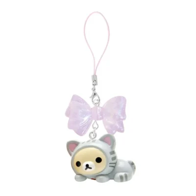 Cute Rilakkuma Korilakkuma Bear Pink Bow Cat Mascot Keychain PVC Bead Strap Keyring Keyholder Bag Pendant Phone Chain Toy